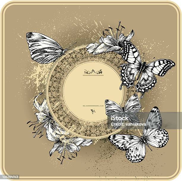 Винтажная Рамка С Цветущими Лилии И Бабочек Рука Рисунок — стоковая векторная графика и другие изображения на тему Бабочка