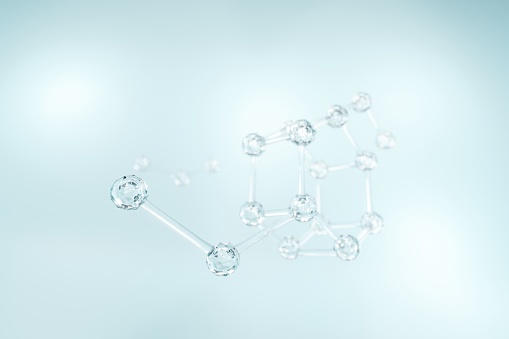 3D Molecule of face skin treatment serum floating on blue background