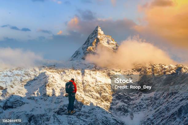 Male Tourist Hiker On Kailash Himalayan Mountain Trek At Kaza Himachal Pradesh India Stock Photo - Download Image Now