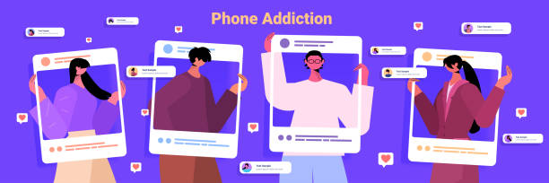 people in web browser windows men women taking photo and posing in social networks phone addiction concept people in web browser windows men women taking photo and posing in social networks phone addiction concept portrait horizontal vector illustration selfie borders stock illustrations