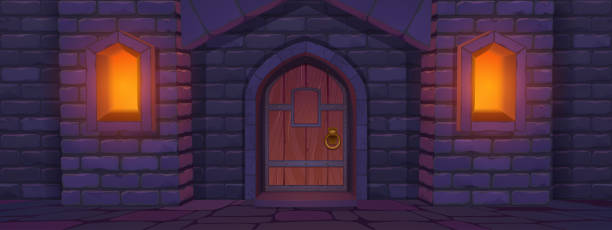 istock Medieval castle with wooden door at night 1362648679