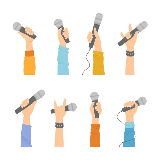 Vector illustration of Hands with microphones, human palms holding mics