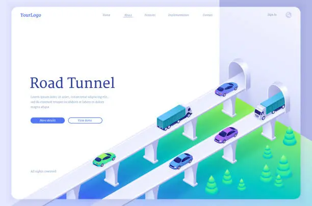 Vector illustration of Road tunnel banner with car traffic on highway