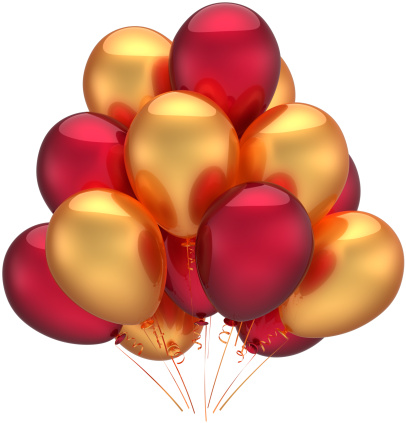 Birthday party balloons luxury decoration of holiday colored gold red golden. Anniversary celebration retirement occasion concept. Childish happy abstract. Detailed 3d render. Isolated on white background