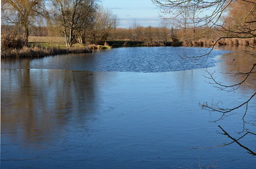 from a clean frozen pond with a thin layer of ice. It is recognized that reading water ripples and a frozen surface is as calm as glass. the skater may fall into the ice and drown.