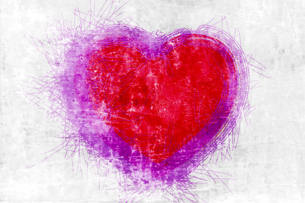 istock Old rustic bright vibrant red coloured heart with an abstract magenta pink scribbled outline o dirty weathered grayscale light gray or white colored grunge wall textured effect horizontal grayscale vector backgrounds or wallpaper 1362651236
