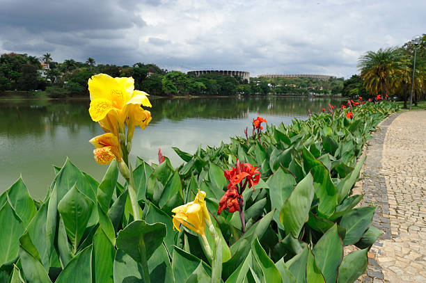 Lake Pampulha in Belo Horizonte with the sports hall (left) and the soccer stadium (right) in the background.