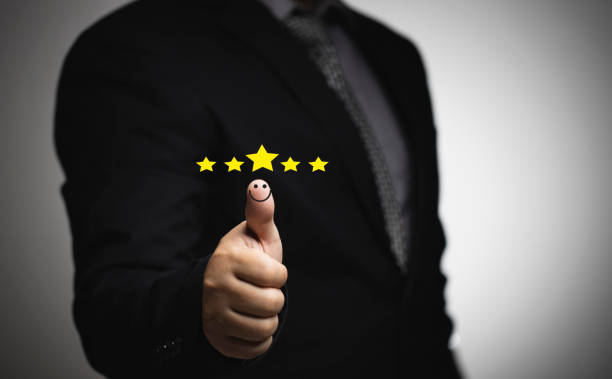 business people thumb up positive thinking score a list of smile and stars for satisfaction on mobile service, online transactions, network performance, customer satisfaction. - hand sign index finger human finger human thumb imagens e fotografias de stock