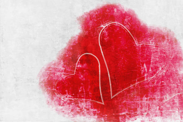 Horizontal wallpaper of light pastel grey coloured grungy textured effect wall with two highlighted bright red hearts carved over a red messy backdrop  . There is ample copy space, no text and no people. Apt for Valentine's Day backdrops, posters, banners, Wedding anniversary greetings, invitations, greeting cards, wrapping paper sheet.
