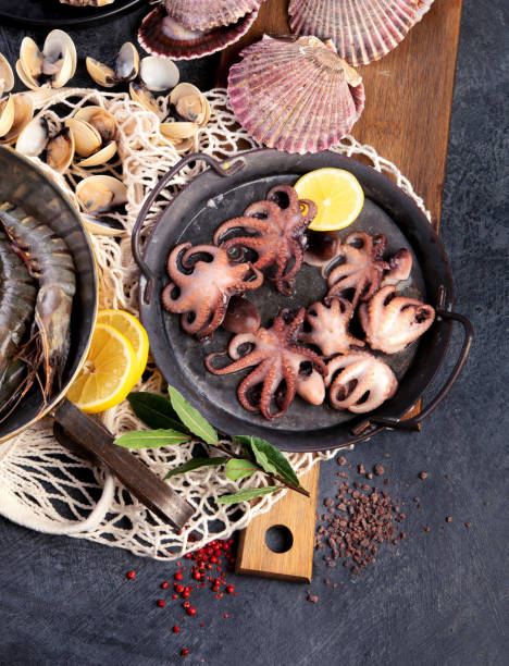 istock Fresh seafood arrangement on dark background. 1362655805