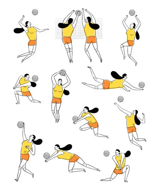 Vector illustration of line art woman playing volleyball in various action
