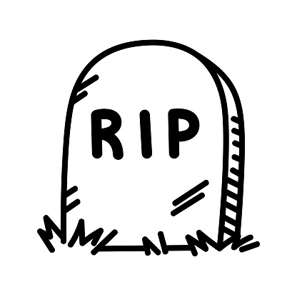 Vector illustration of a hand drawn, black and white gravestone with RIP against a white background.