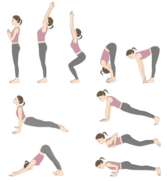 sonnengruß-pose-kollektion, yoga-frau - white background yoga exercising women stock-grafiken, -clipart, -cartoons und -symbole