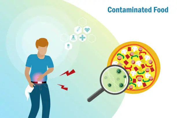 Vector illustration of Contaminated food, food poisoning, food safety and biotechnology research concept. Man suffering from stomatch ache and diarrhea. Magnifying glass display becteria and virus from unclean food testing.