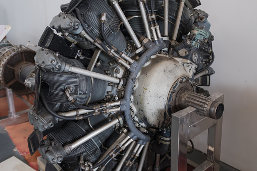 Propeller of motor boat docked out of water closeup