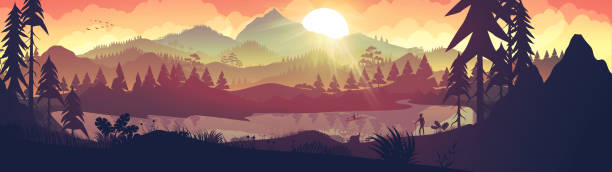 Hiker near mountains and a river poster Hiker near mountains and a river poster river silhouettes stock illustrations