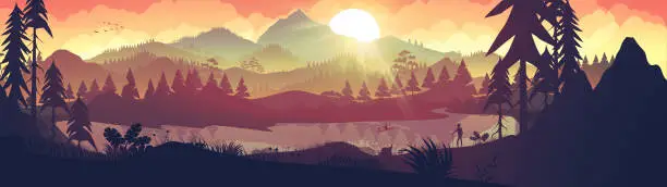 Vector illustration of Hiker near mountains and a river poster