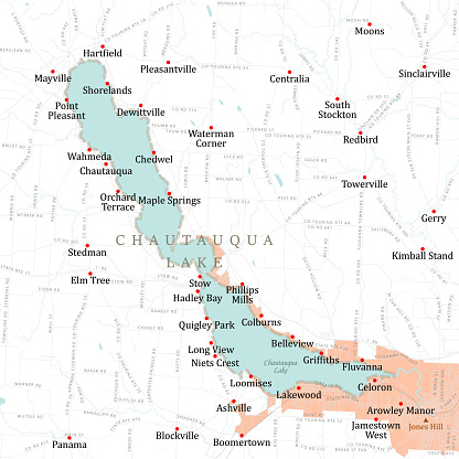 NY Chautauqua Chautauqua Lake Vector Road Map. All source data is in the public domain. U.S. Census Bureau Census Tiger. Used Layers: areawater, linearwater, roads, rails, cousub, pointlm, uac10.