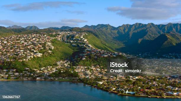 Aina Haina Neighbourhood In Honolulu Stock Photo - Download Image Now - Aerial View, Tree, Water