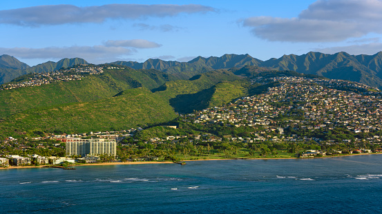 Aerial view of the Honolulu neighbourhood of Aina Haina on Oahu, Hawaii Islands, USA.