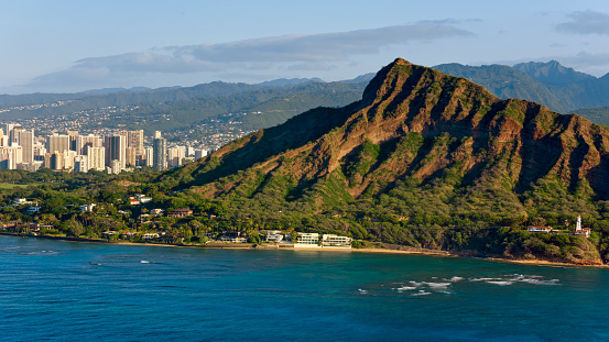 Waikiki Beach high rises and Diamond Head Crater in Honolulu Shoreline Oahu Hawaii