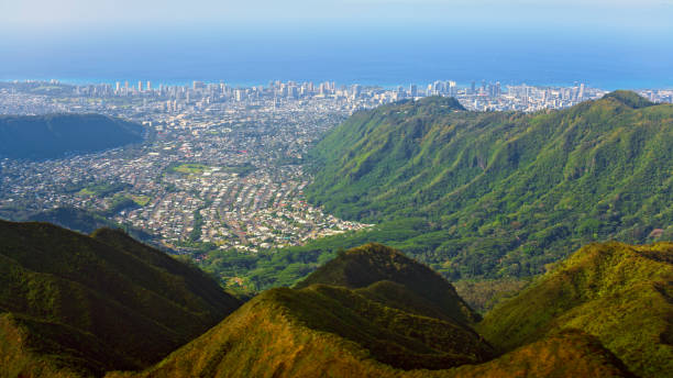 マノアバレーとホノルルの眺め - honolulu community residential district city ストックフォトと画像