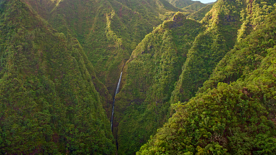 Aerial view of Sacred Falls waterfall in Hauula on the Island of Oahu, Hawaii Islands, USA.