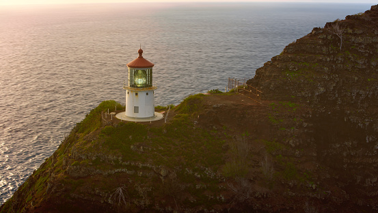 Aerial view of Makapu'u point lighthouse with sea, Waimanalo, Oahu, Hawaii Islands, USA.