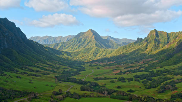 Aerial view of Puu Ohulehule mountain with Kaawa Valley at Oahu, Hawaii Islands, USA.