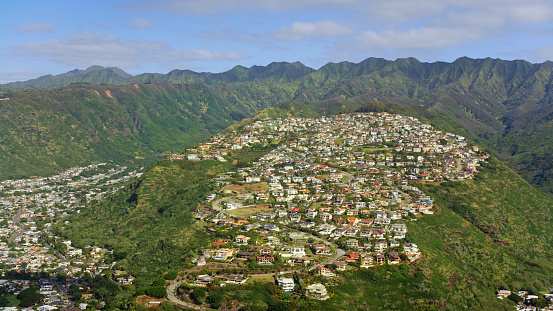 Aerial view of the Kuliouou-Kalani Iki neighbourhood on the Hawaii Loa Ridge in Honolulu Hawaii Islands, USA.