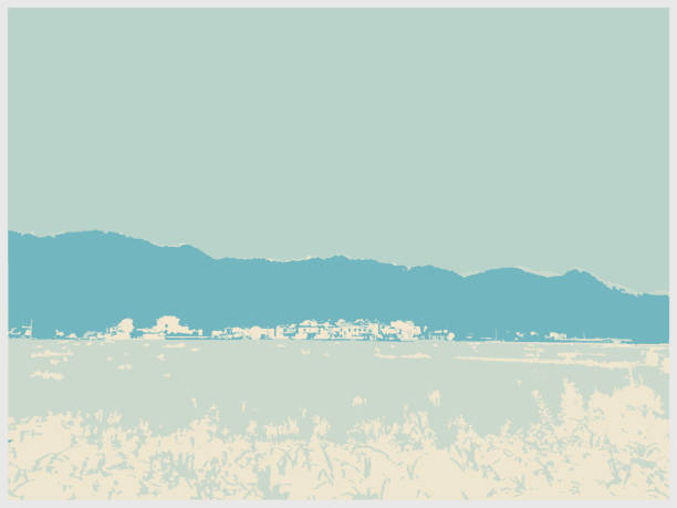 istock color woodcut style country scene landscape,mountain in field 1362669231