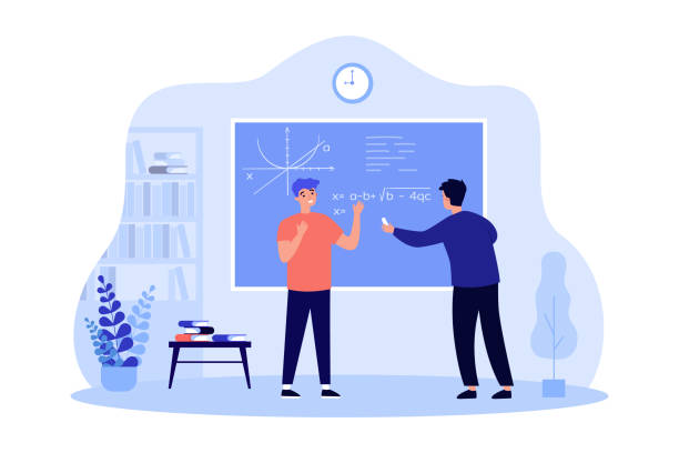 Students writing complex equations on school board Students writing complex equations on school board. Boys on lesson in classroom flat vector illustration. Science, mathematics, knowledge concept for banner, website design or landing web page math teacher stock illustrations