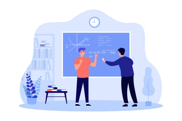 Students writing complex equations on school board Students writing complex equations on school board. Boys on lesson in classroom flat vector illustration. Science, mathematics, knowledge concept for banner, website design or landing web page writing on chalk board stock illustrations
