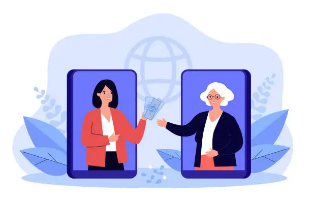 Vector illustration of Remittance from daughter to elderly mother