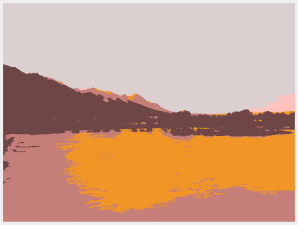 istock color woodcut style country scene landscape,flowing river 1362670736