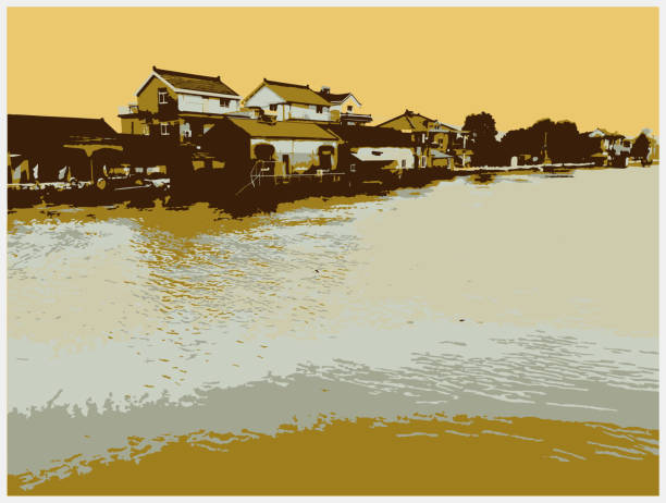 color woodcut style country scene landscape,flowing river
