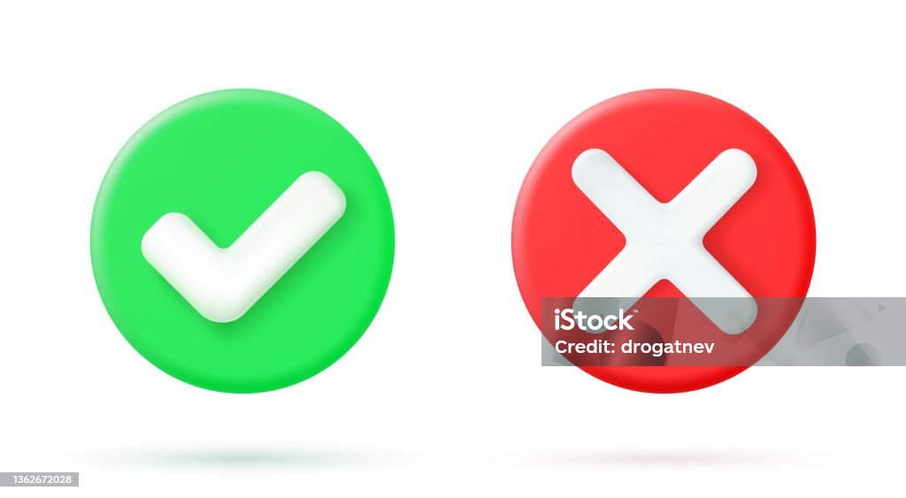 Green tick check mark and cross mark symbols Green tick check mark and cross mark symbols icon element, Simple ok yes no graphic design, right checkmark symbol accepted and rejected, 3D rendering. Vector illustration Accuracy stock vector