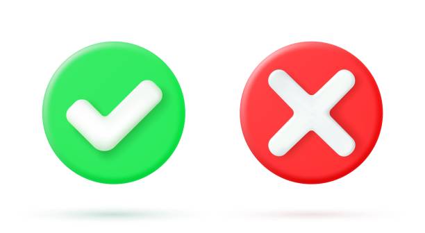 Green tick check mark and cross mark symbols Green tick check mark and cross mark symbols icon element, Simple ok yes no graphic design, right checkmark symbol accepted and rejected, 3D rendering. Vector illustration mistake stock illustrations