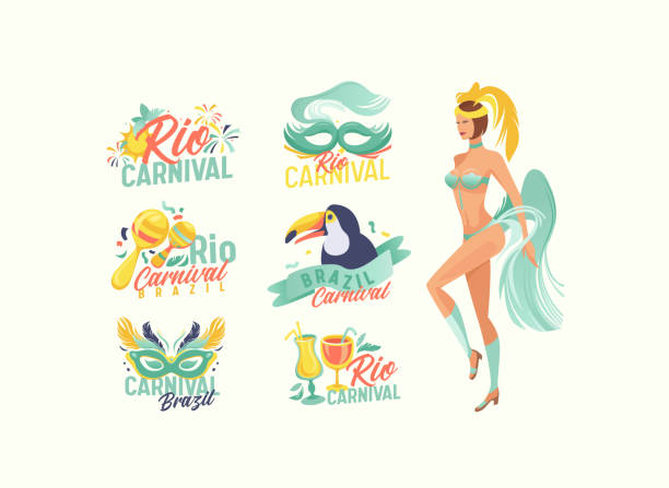 ilustraciones, imágenes clip art, dibujos animados e iconos de stock de conjunto de emblemas del carnaval de río, pancartas de entretenimiento del festival de brasil con fuegos artificiales, máscara, tucán, cóctel y mujer - carnival drink people party
