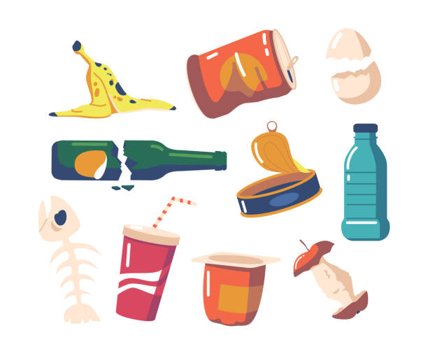 Set Different Garbage and Old Things Plastic Cup, Tin Can, Banana Peel, Apple Stub. Fish Bone, Yoghurt Pack, Bottle Set Different Garbage and Old Things Plastic Cup, Tin Can, Banana Peel, Apple Stub. Fish Bone, Yoghurt Pack, Broken Glass Bottle, Egg Shell, Trash Closeup, Used Packages. Cartoon Vector Illustration waste stock illustrations