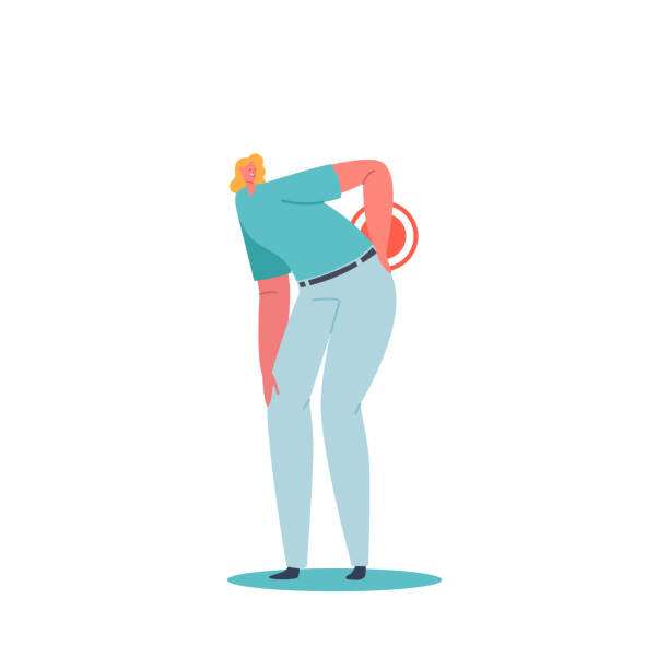 illustrations, cliparts, dessins animés et icônes de mal de dos. personnage féminin malade souffrant de maux de dos isolés sur fond blanc, inflammation musculaire - backache pain physical injury sport