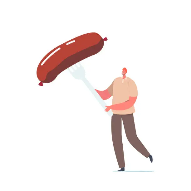 Vector illustration of Man Eating Breakfast, Tiny Male Character with Huge Sausage Poked on Fork Isolated on White Background. Delicious Food