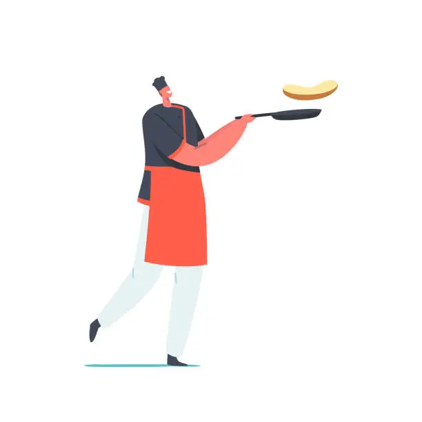 Vector illustration of Chef Character Wear Toque, Apron and Restaurant Uniform Tossing Pancakes in Air on Cooking Pan. Cafe Staff Cooking Meal