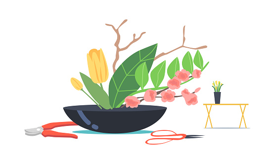 Japanese Ikebana Concept. Asian Culture and Art. Traditional Japan Beautiful Floristic Composition of Flowers and Plants, Tree Branches, Leaves and Blossoms in Vase. Cartoon Vector Illustration