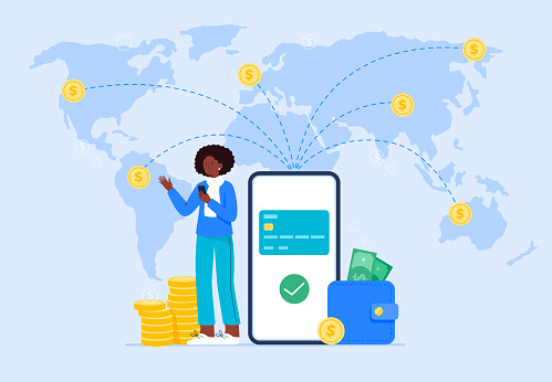 International money transfer and safe transactions. A female user sends money to different locations abroad using a mobile banking app. Easy banking, payments concept. Vector flat illustration.