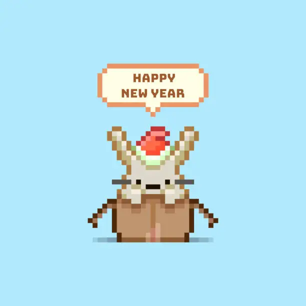 Vector illustration of simple flat pixel art illustration of cartoon cute rabbit in red santa hat sitting in a cardboard box with text happy new year in a speech bubble above his head