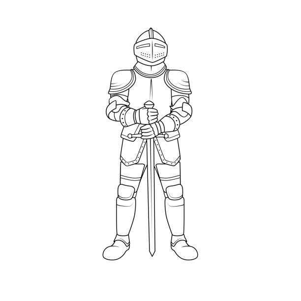 ilustrações de stock, clip art, desenhos animados e ícones de black and white vector illustration of children's activity coloring book pages with pictures of character knight. - medieval knight helmet suit of armor