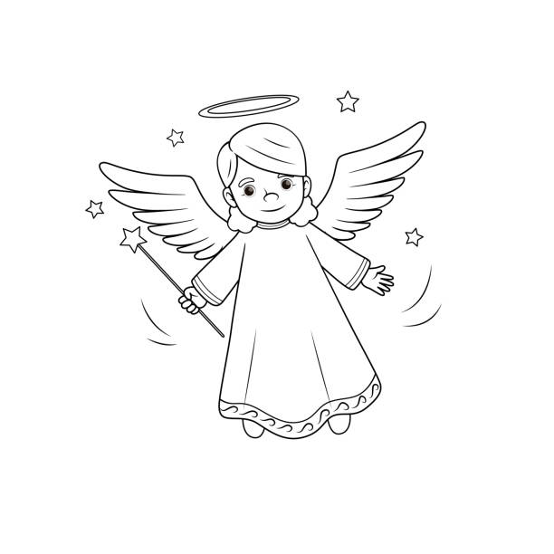 stockillustraties, clipart, cartoons en iconen met black and white vector illustration of children's activity coloring book pages with pictures of character angel. - engelenpak