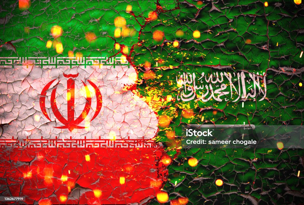 Grunge Iran VS saudi arabia national flags icon pattern isolated on broken cracked wall background, abstract international political relationship friendship divided conflicts concept texture wallpaper. Shi'ite Islam Stock Photo