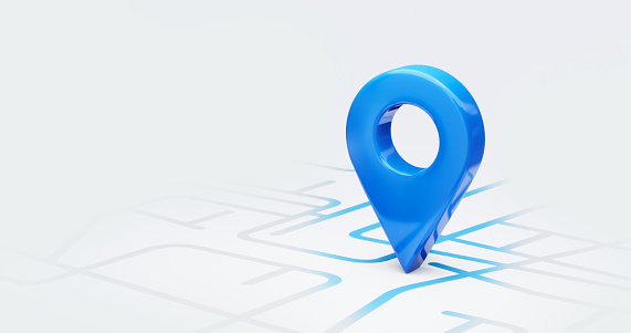 Marcador de icono 3D de ubicación azul o señal de navegador de posición gps de ruta y símbolo de puntero de mapa de carreteras de pin de navegación de viaje aislado en fondo blanco de dirección de calle con seguimiento de descubrimiento de dirección photo